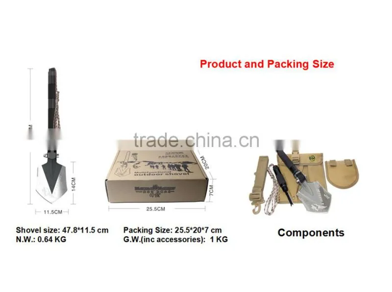 2016 10-in-1 Outdoor Emergency Shovel with Knife Hoe Hammer Fire Flint
