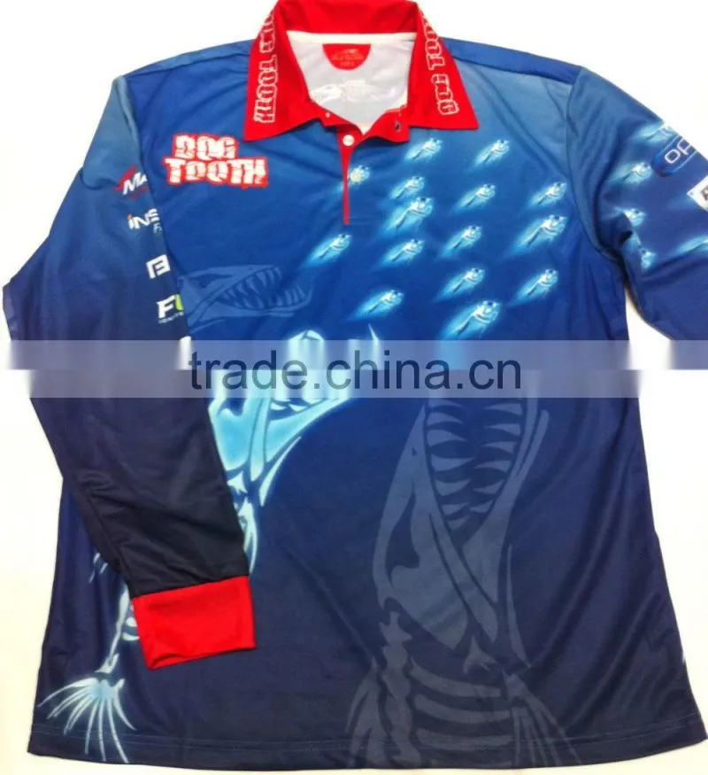 Sublimated printing custom fishing shirt, buttons on collar, comfortable rid fabric on wrist