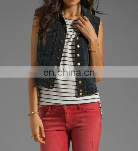 Fashion women denim vest Washed Sleeveless Snap black denim Jacket
