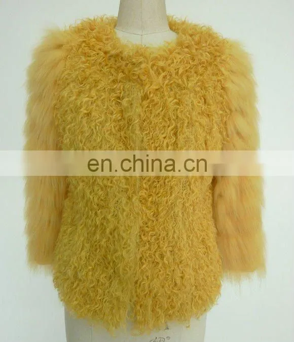 Ladies round neck seven sleeve yellow fur coat with invisible button