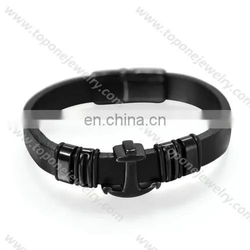 Stainless steel and black PU leather bangle bracelets for men 2017
