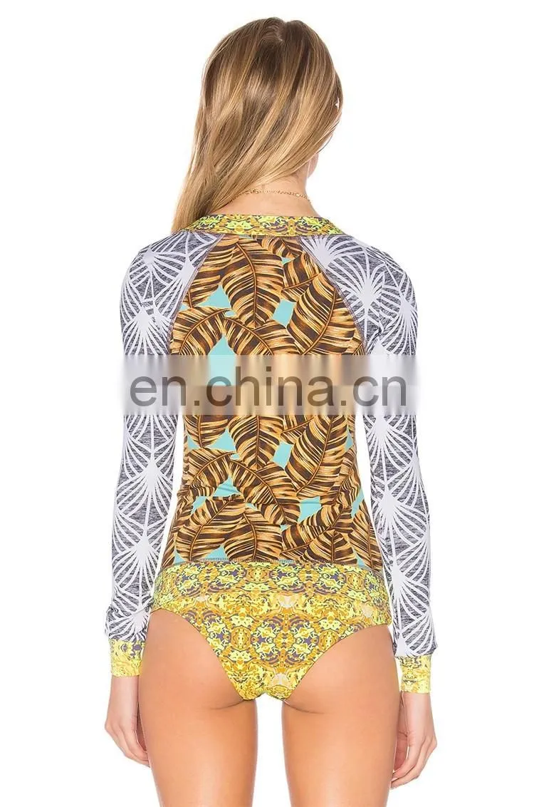 2017 custom made upf protection sublimation printed women long sleeve rash vests
