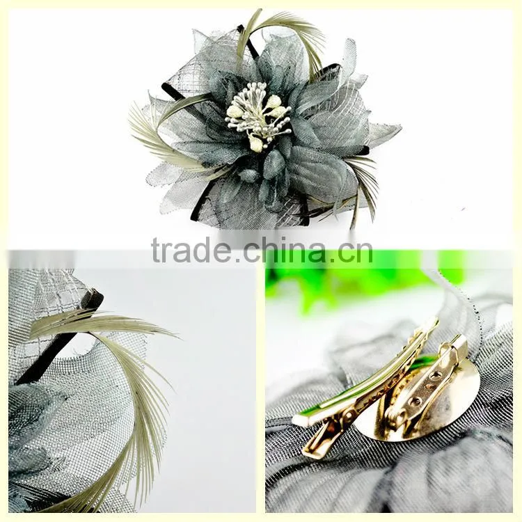 China factory fashion elegant gray lace feaher hairpins broochs