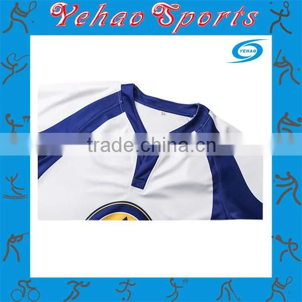custom made blue white rugby jersey with logo and number