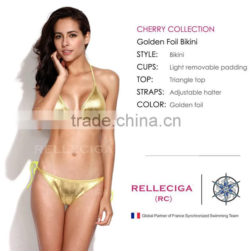 RELLECIGA 2016 Cherry Collection - Golden Foil Bikini Swimwear withTriangle Top&Brazilian Cut Butt