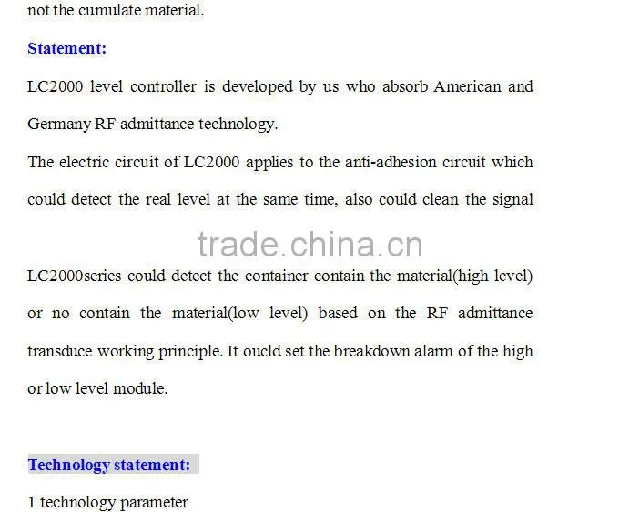 LC2000 RF admittance level controller for tank