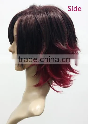 Mix color red black cheap full lace wig with caps synthetic natural hair cosplay wig