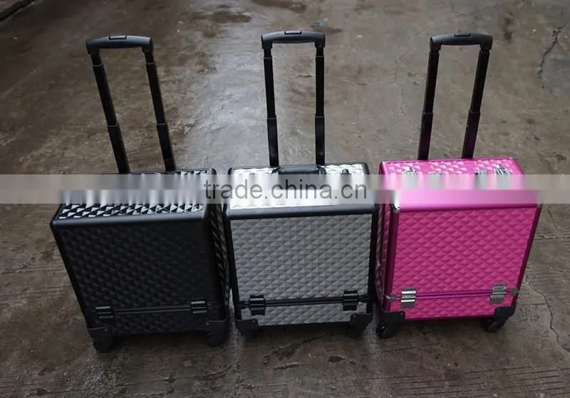 Professional Rolling Cosmetic Case w/ 8 Trays Black/Silver/Pink Diamond Aluminum(XY-877)
