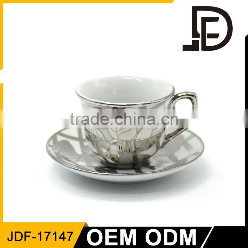 Custom silver printed coffee mug ceramic cup and saucer