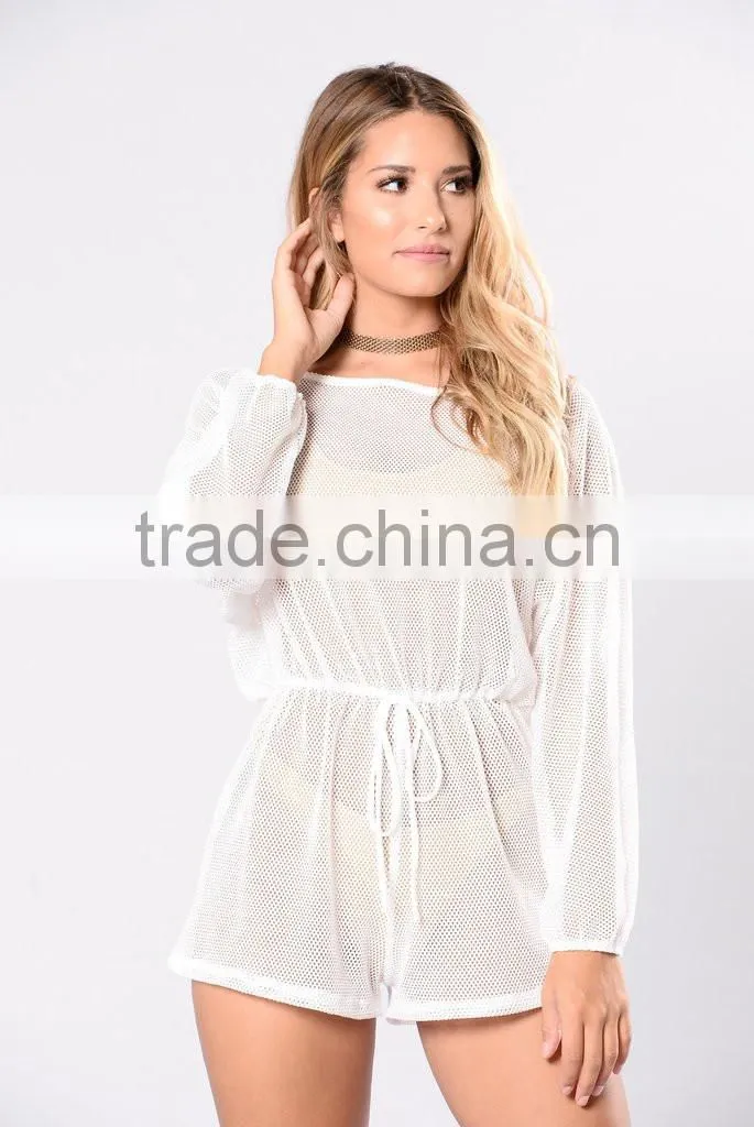 Women Sexy Jumpsuits Swim Cover Up Boat Neckline Long Sleeve Fishnet Romper