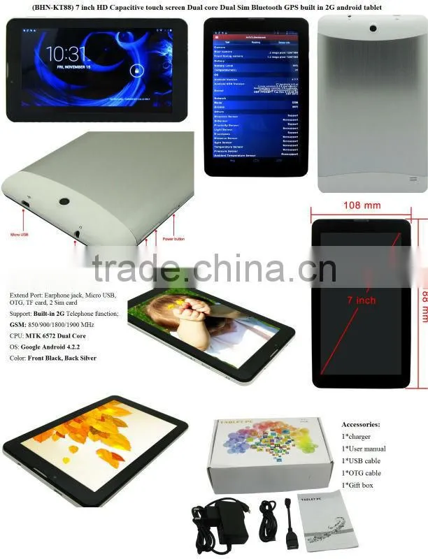 BHNKT88 7 inch HD Capacitive touch screen Pad Dual core Dual Sim Bluetooth GPS built in 2G WIFI
