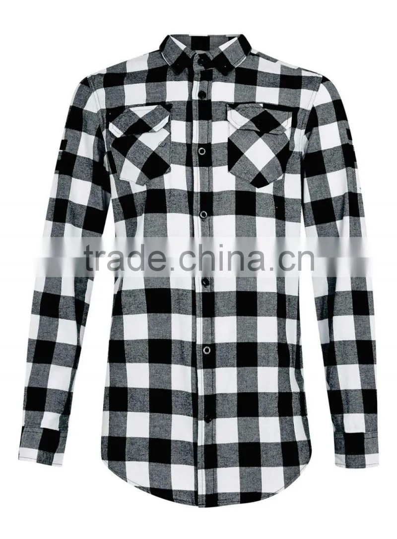 High quality Mens Casual Shirt With Pocket Black White Plaid Shirt