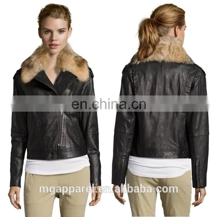 Black Leather Fur Collar Asymmetrical Zip Motorcycle Jacket Woman Coat