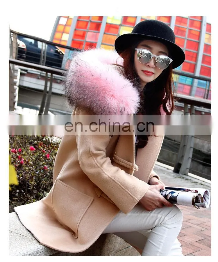 Fashion Hot Women Winter Raccoon Fur Short Hooded Korean Cashmere Wool Coat