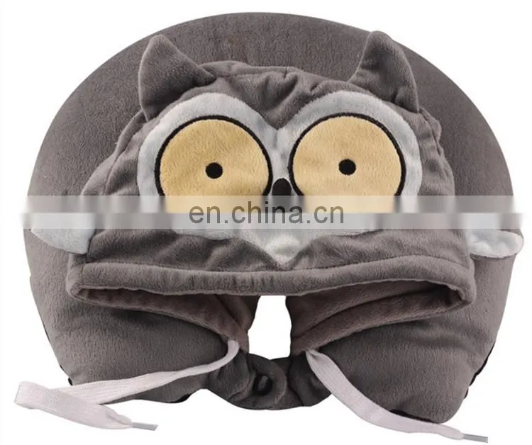 Various u cushion promotion u shaped neck pillow with hat custom cute soft plush animal design rest travel neck pillow