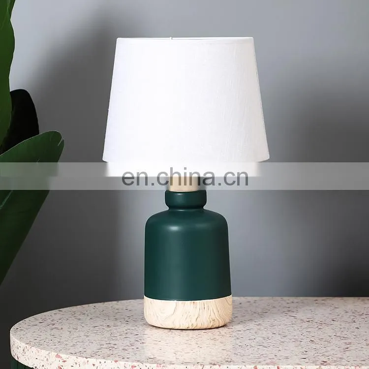 New arrival living room desk light dark green indoor ceramic lamp with linen lampshade