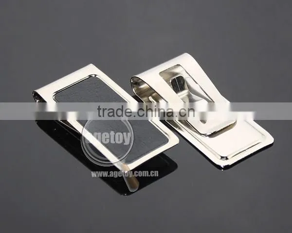 Men Style Fashion Stainless Steel Metal Black Genuine Leather Money Clip