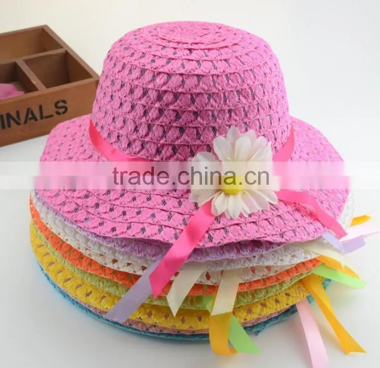 Cute Summer Child Girls Straw,Floppy Flower Beach Hat With Lace Embellishment