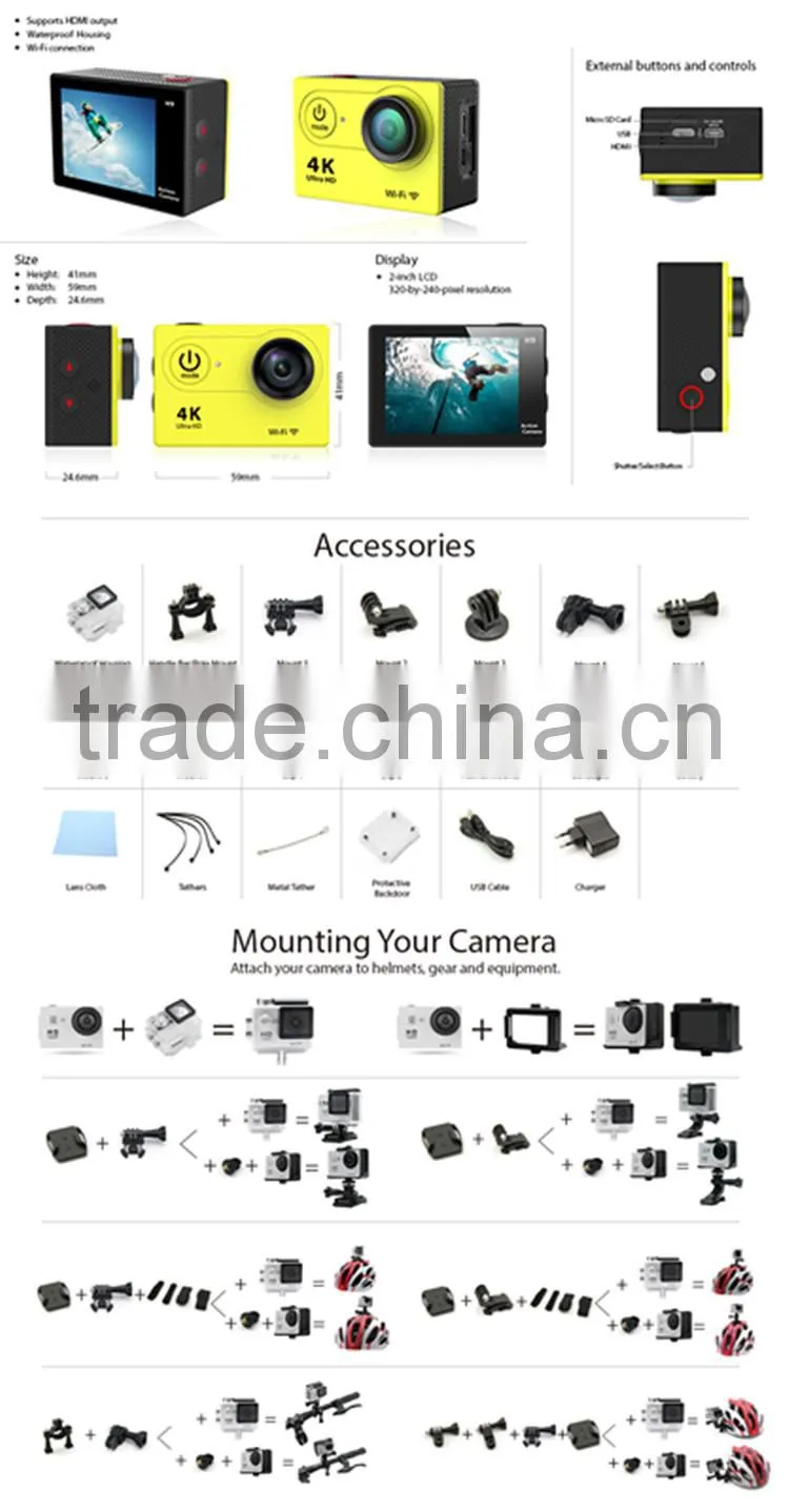 Hot Selling WiFi 4K Action Camera 1080P Full HD Helmet DV Camcorder 30M Waterproof Diving Sport Camera