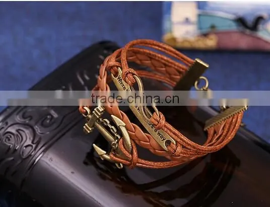 NEW Infinity anchor Friendship Leather Charm Bracelet Antique Copper Cute