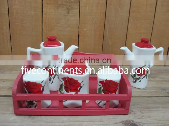 Ceramic Salt /Pepper Shaker, Oil/Vinegar Pot, Sugar Jar Condiment Set with Wooden Stand