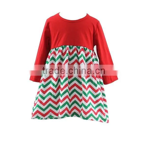 Long sleeves todder girl red white dress chevron skirt dress baby girl wholesale children clothing christmas boutique dress