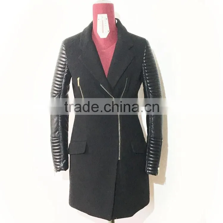 2016AW woolen garment customized woman's fashion long biker coats embroidered PU sleeve