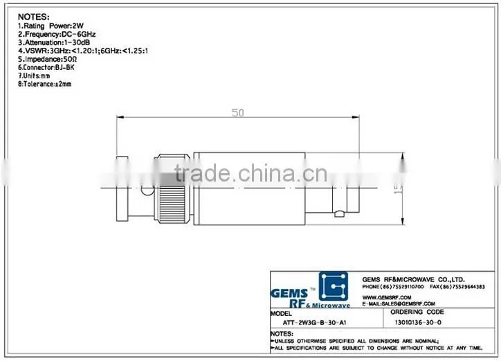 2W coaxial attenuator BNC female BNC male