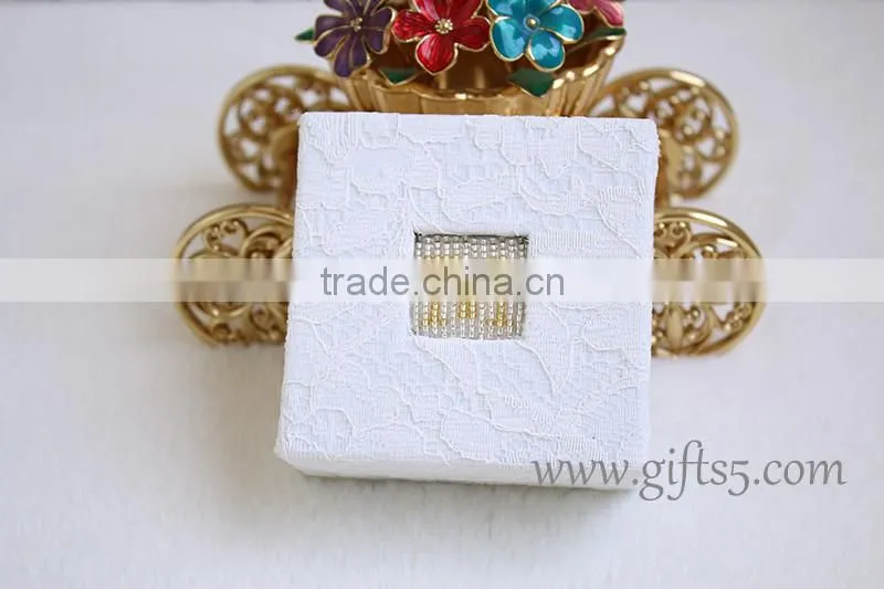 White wedding boxes for ring package with beaded name plate of M