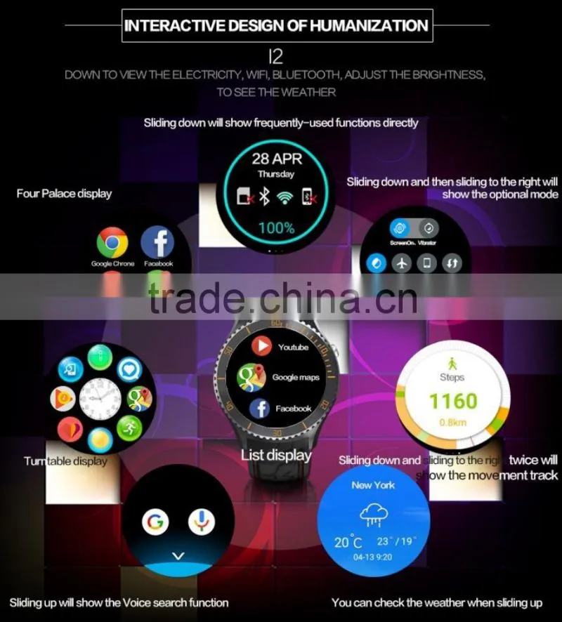 I2 android 5.1 OS MTK6580 Quad core Smart watch 4GB / 512MB Smartwatch With 3G wifi bluetooth GPS Google play store