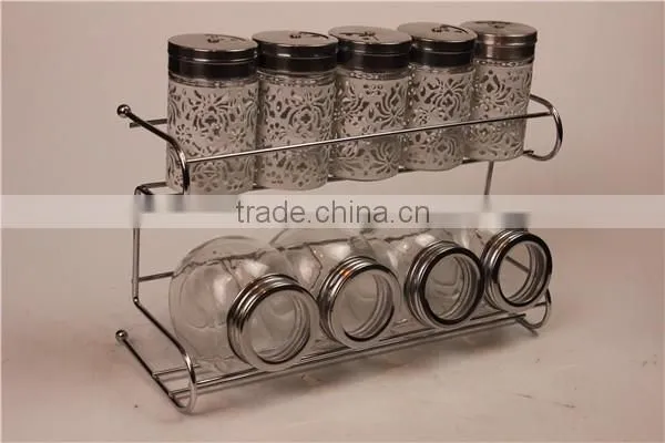 glass spice jar spice bottles glass condiment set with iron shelf