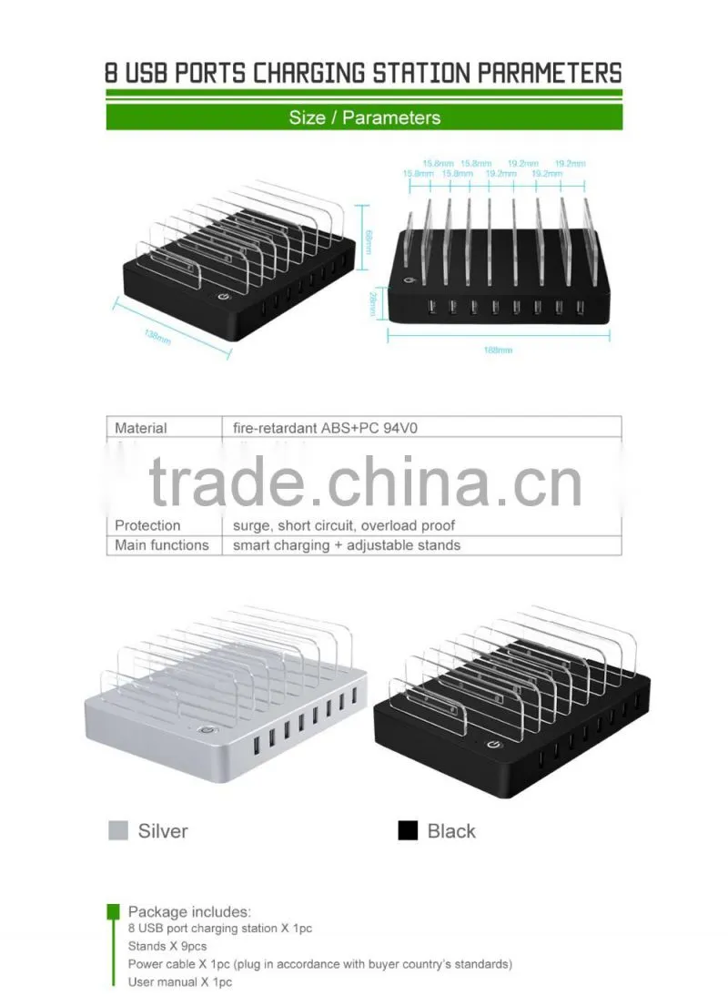 New 8 Ports Charging Station 8*2.4A USB Charger with Stand and Switch Docking Station for Mobile Phones and Tablet PC white EU