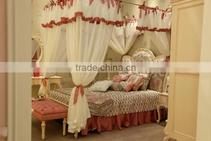 European style antique ivory color and pink hand drawing children wooden carved girl princess bed with canopy - BF07-70357