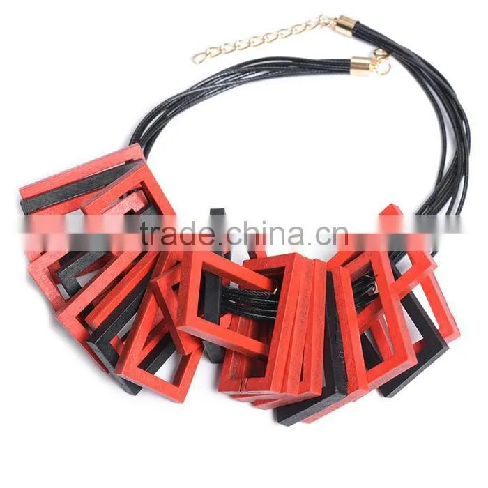red black wooden square pendant choker necklace geometric wood choker necklace Korea wax cord choker necklace