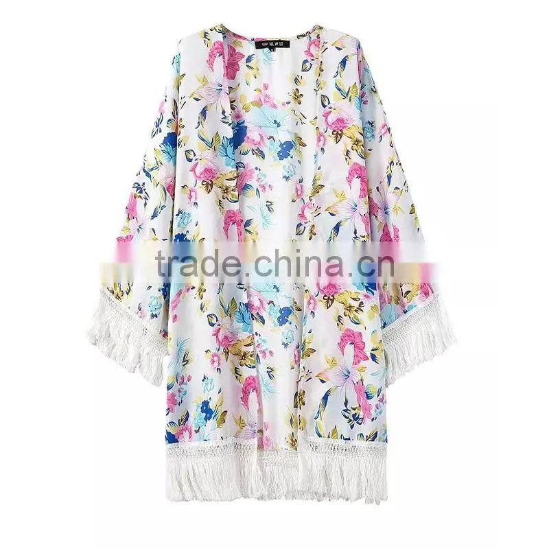 Chiffon Tassel Cardigan Cover-up Tops Women Floral Print Blouse Summer Swimwear Bikini Beach Cover Up Tops for Sexy Women