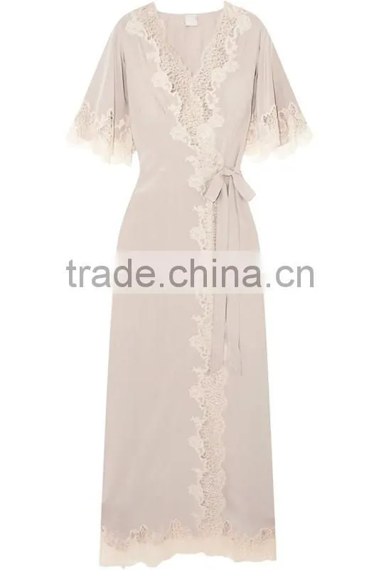 2017 new arrival ladies luxury silk satin long robe, weedning gift robe, lace-trimmed silk-satin robe