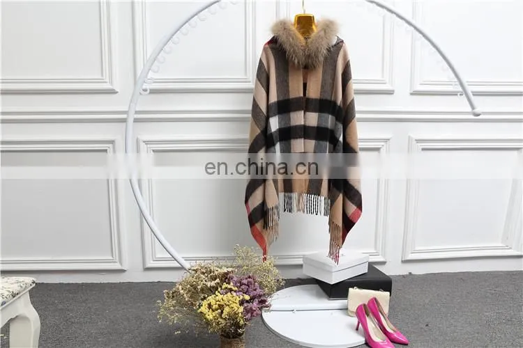 Fashion Women Real Raccoon Fur Hood Shawl Wool Cashmere Scarves Shawls