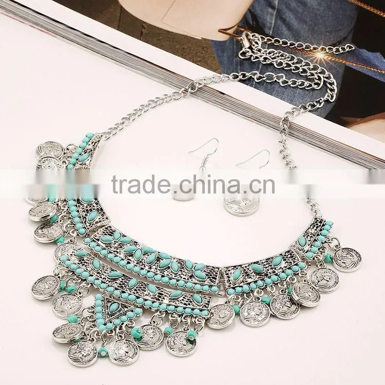 2016 Gypsy Bohemian Jewelry Set Vintage Turquoise Beauty Head Silver Coin Jewelry Set