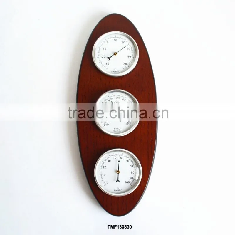 Galileo thermometer weather station; wooden weather station; traditional dial weather station