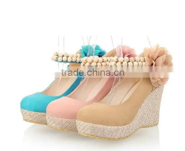 Fashion designer wood pearls ankle strip big flower wedge heel women shoes
