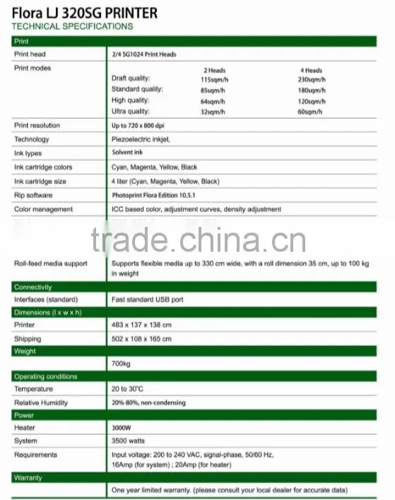 Flora solvent printer on Spectra Starfire printheads LJ320SG