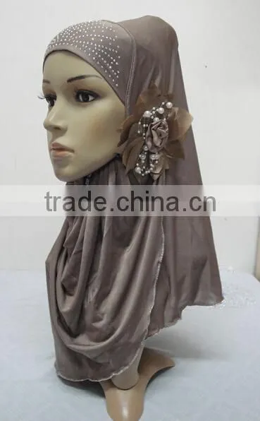 H289 latest one piece instant hijab with flower and rhinestones