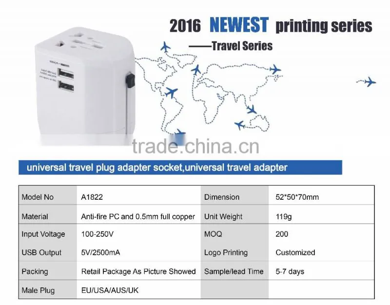 Smart 5V 2500mA Universal Travel Adapters with Dual USB ports