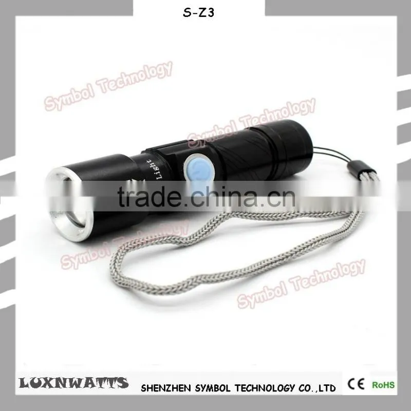 Zoomable 3 light mode portable rechargeable USB charging led flashlight