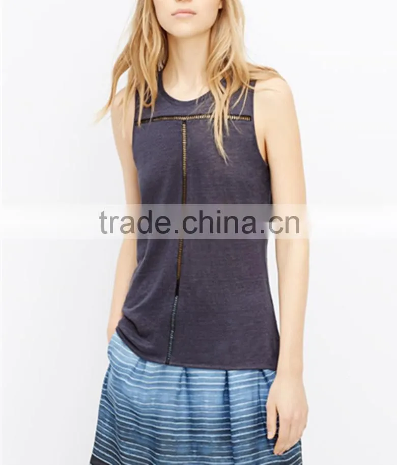 2015 New Fashion Ladies Linen Tank With Inset Lace, Lightweight Soft Vest For Women