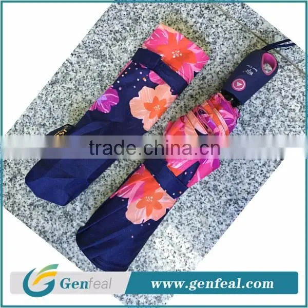 beautiful heat transfer printing auto open 3 folding umbrellas with custom brand logo label