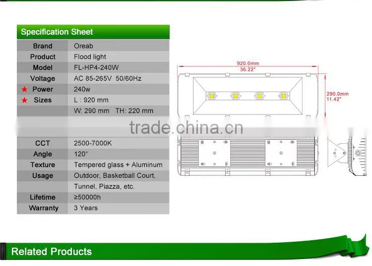 High efficient aluminum housing 300w outdoor square led tunnel light