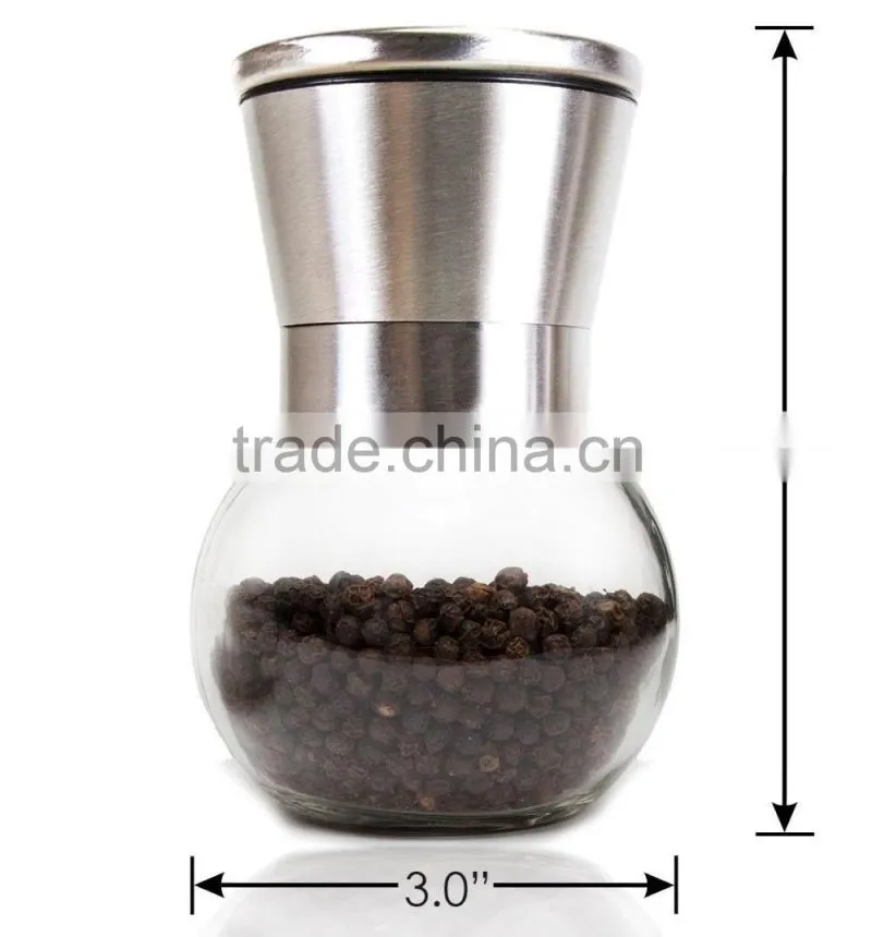 manual glass spice bottle grinder/pepper and salt mill 6 Oz Glass Body and 5 Grade Adjustable Ceramic Rotor