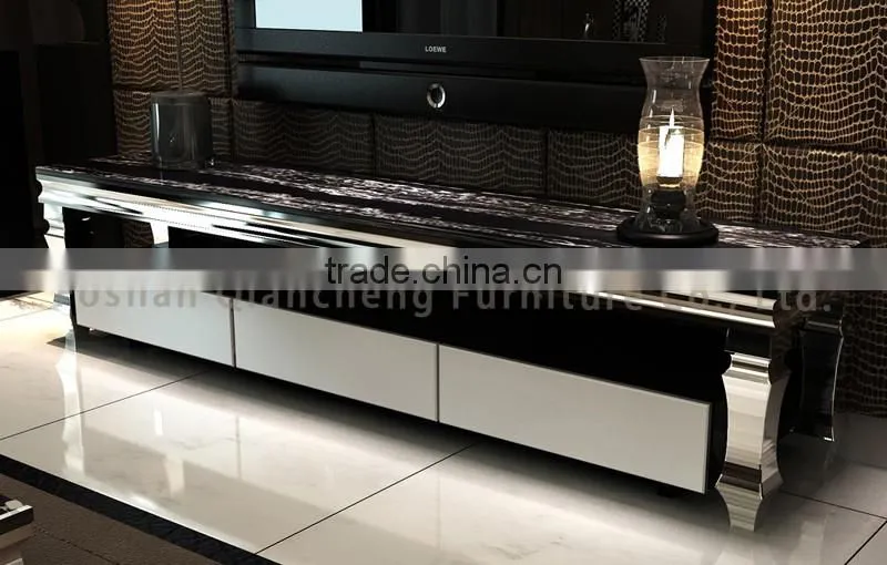 Modern silver mirror tv stand with 20mm marble top