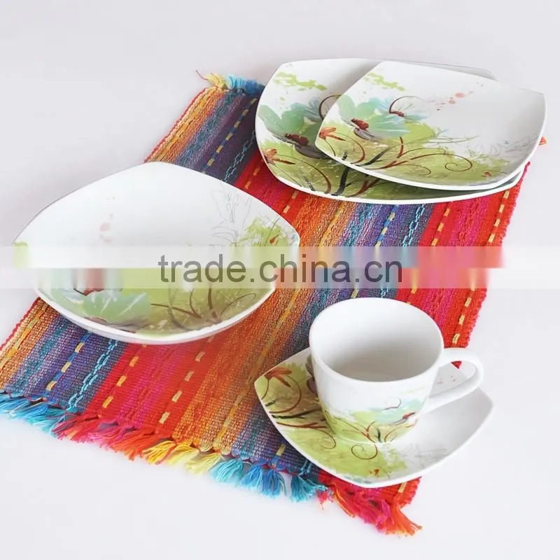 16pcs square shape porcelain dinnerware set,pure porcelain square dinner set,square shape dinnerware set with decal